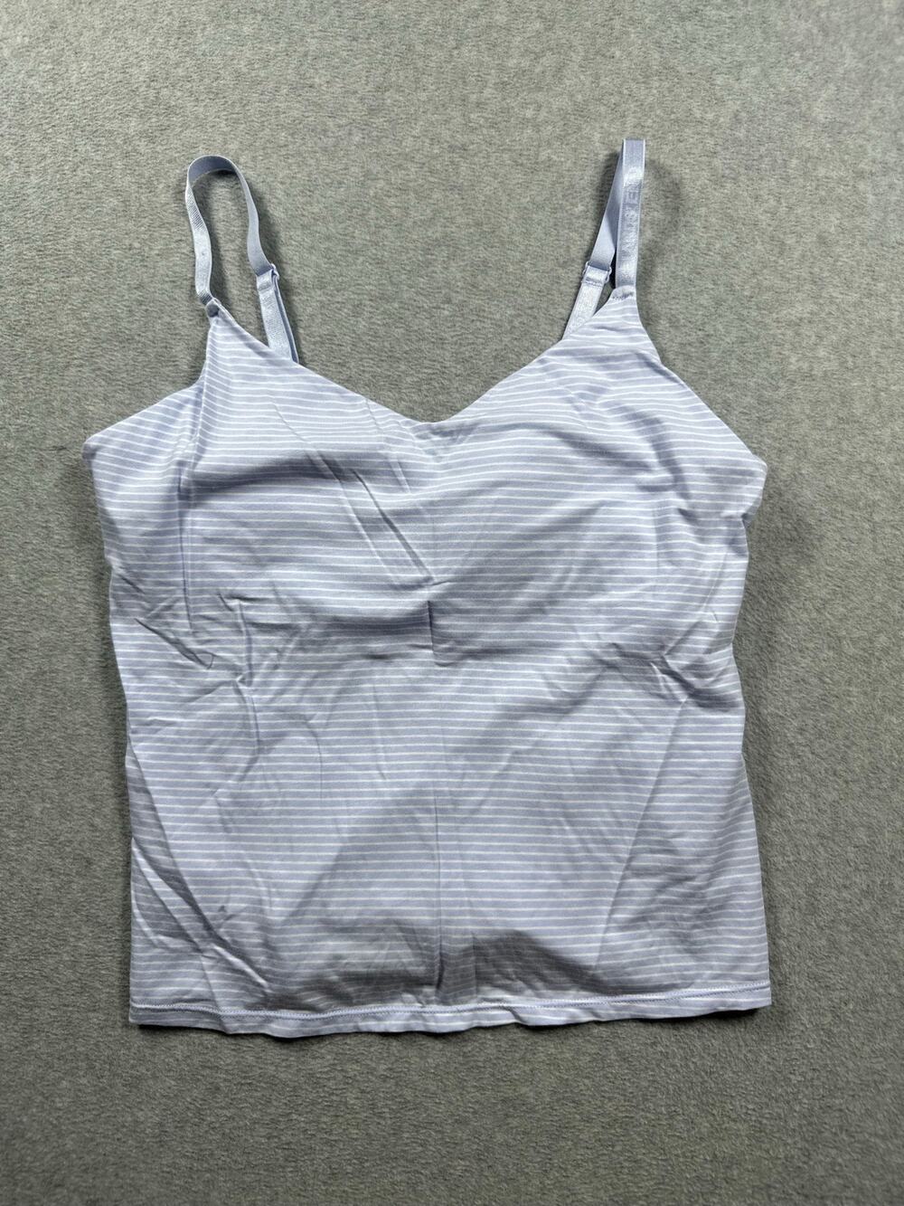 Lands' End Cami Tank Top Size M 10-12 Blue White Striped Built-in Bra V-Neck